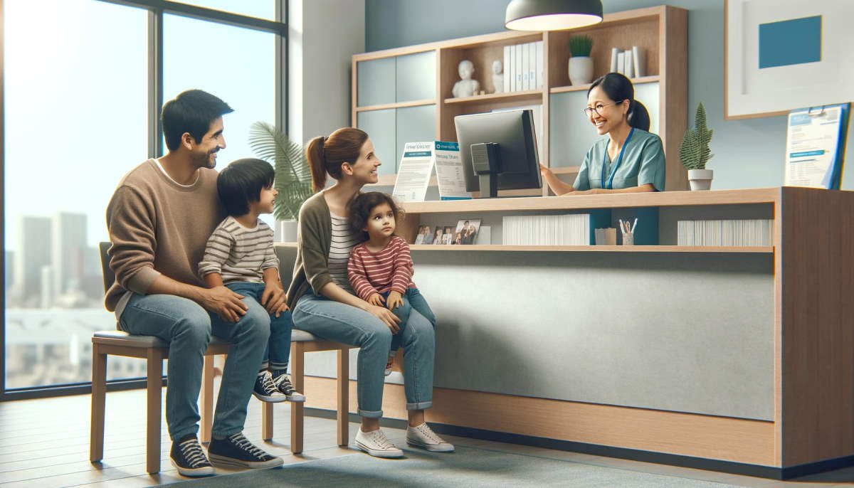 A family waits for a doctor while their health card is being processed.